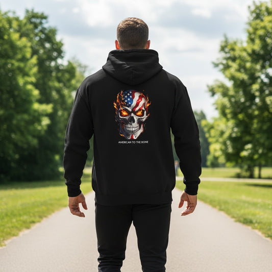 American to the Bone – Patriot Flame Skull Hoodie
