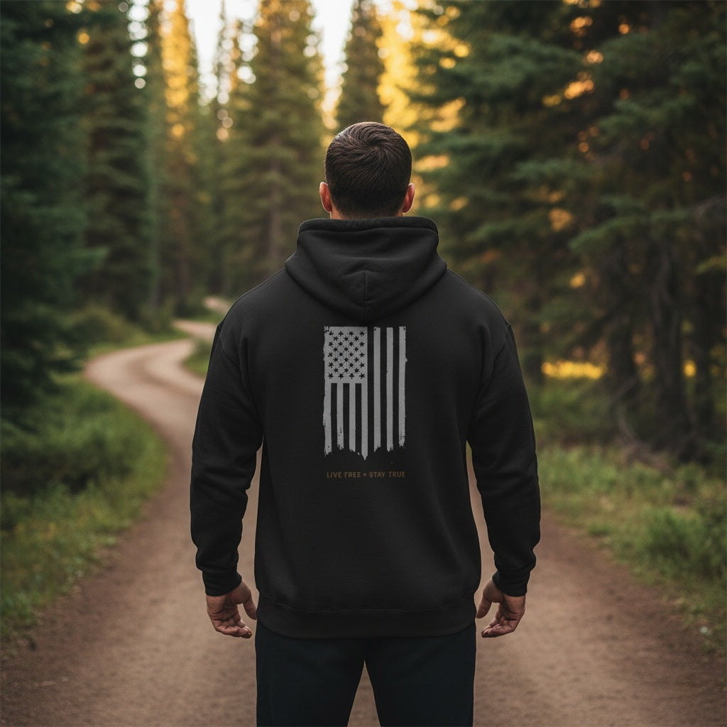 Live Free • Stay True Distressed American Flag Hoodie