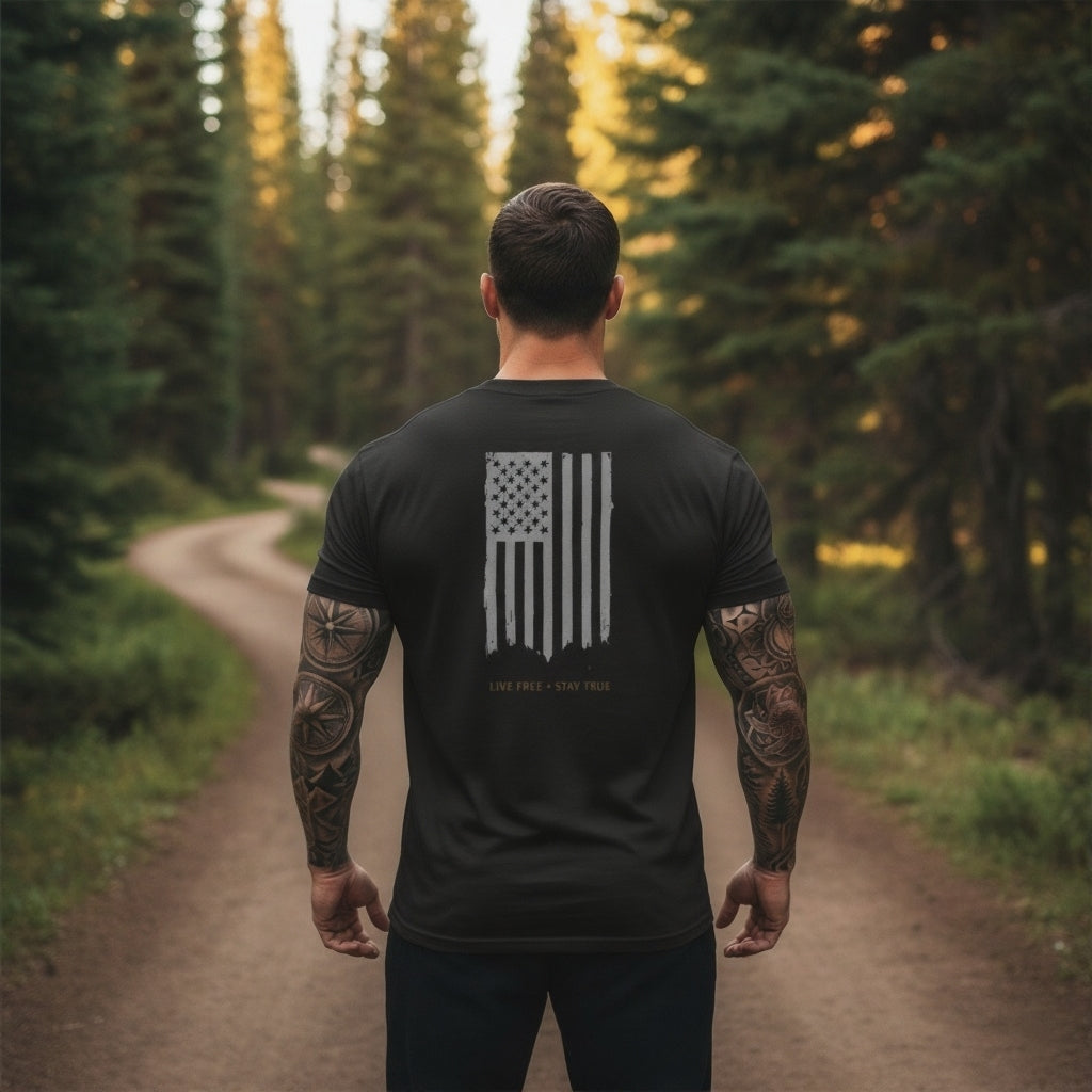 Live Free • Stay True Distressed American Flag T-Shirt